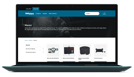 Laptop som visar Toolstore e-handel med Mareld-produkter och kategoriöversikt.